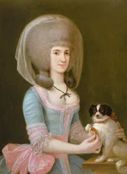 Porträt von Dona Maria Teresa Apodaca de Sisma, die ihrem Hund ein Leckerli gibt
